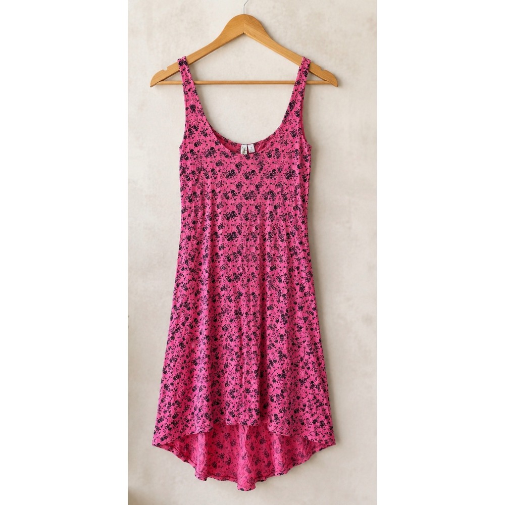 Y2K Skull Print sz S Feathers Hot Pink Sleeveless Dress Stretchy Streetwear Goth